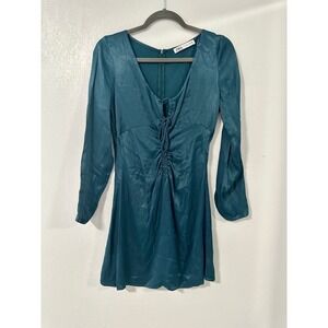 ZARA Teal Satin Ruched Tie Neck Long Sleeve Mini Dress Womens Size S